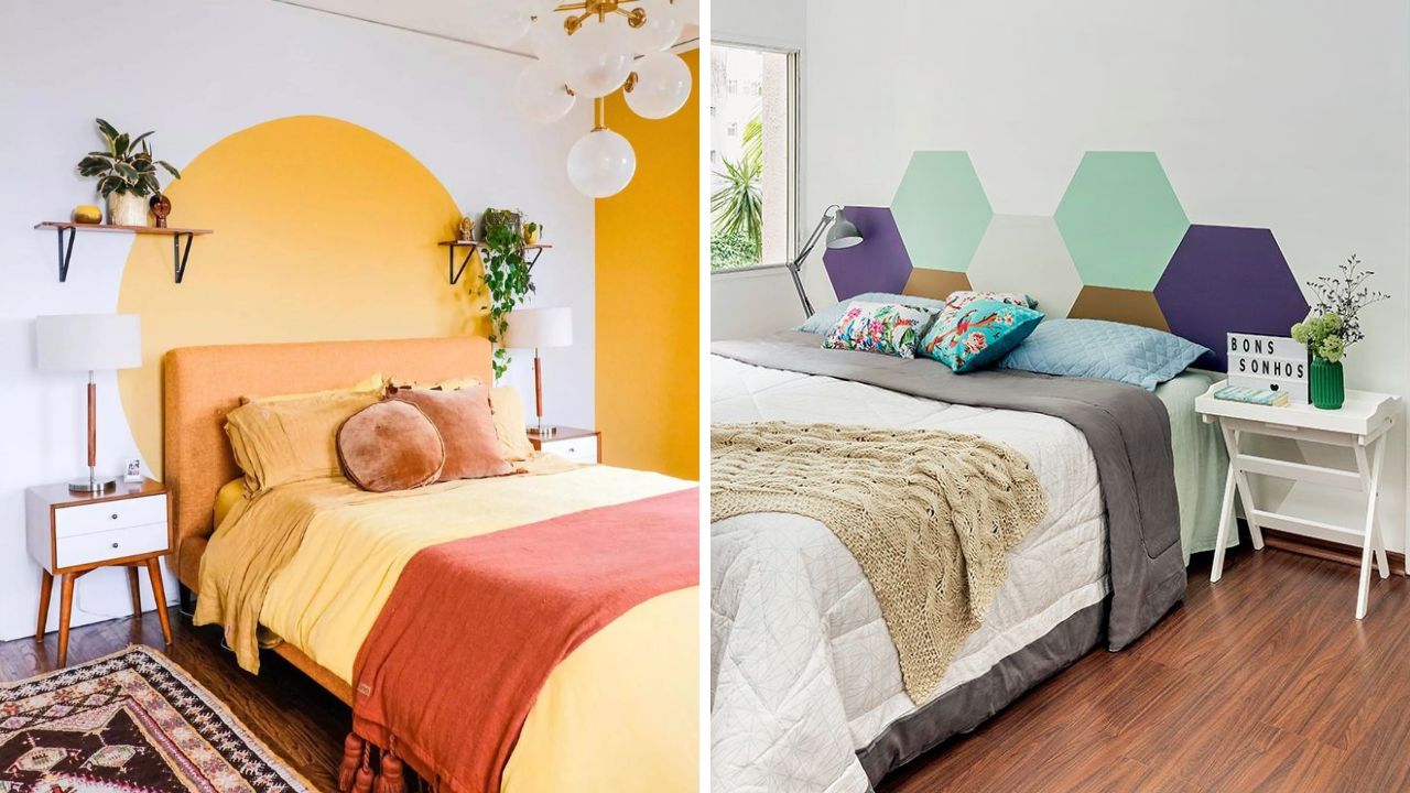 pintura geométrica na parede da cabeceira