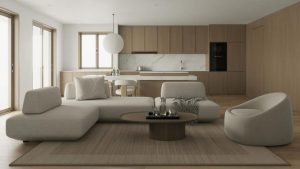 cozinha e sala de estar integradas em estilo minimalista com cores neutras