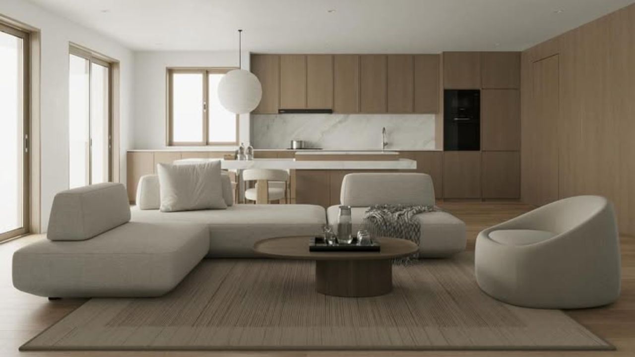 cozinha e sala de estar integradas em estilo minimalista com cores neutras