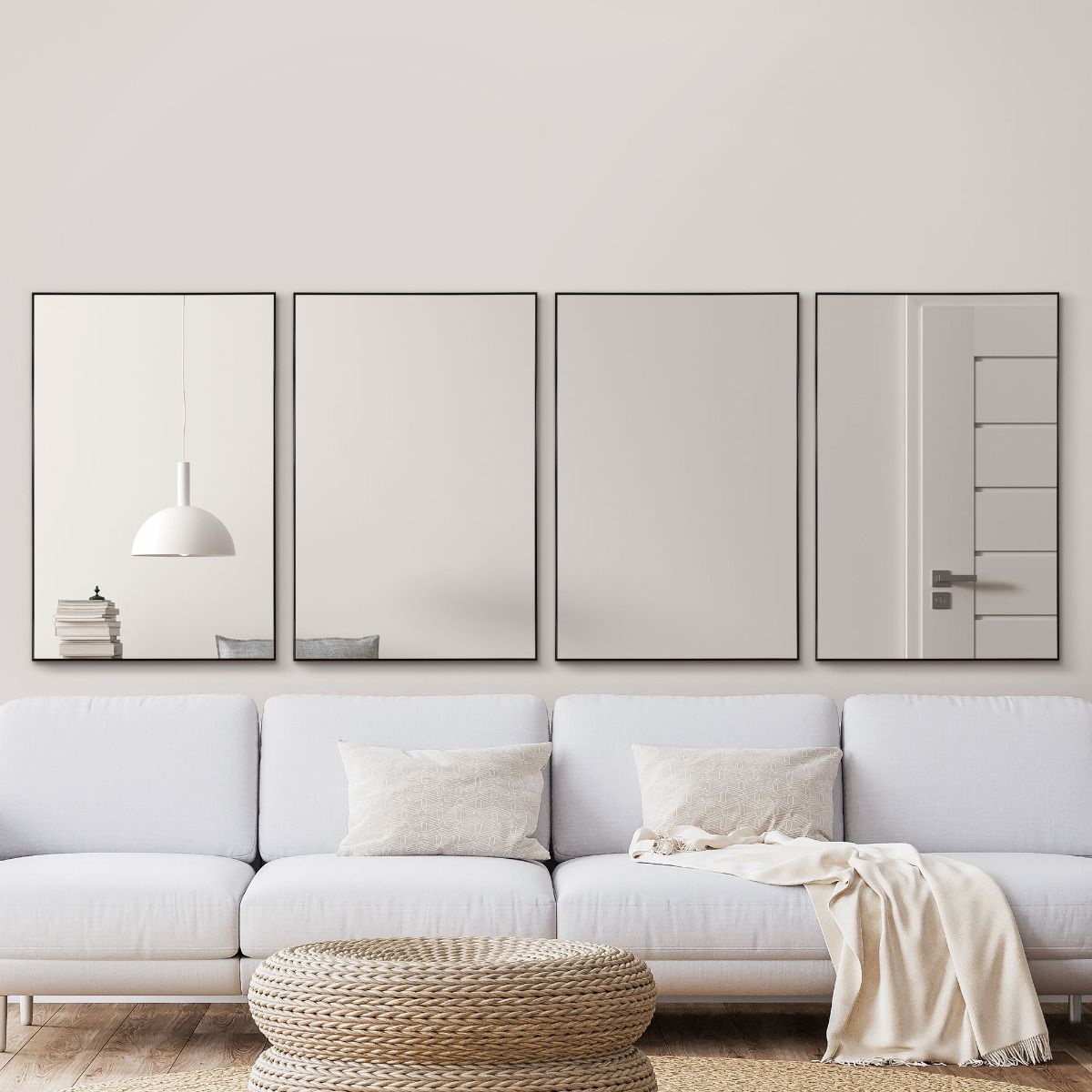 parede de sala de estar com quatro espelhos