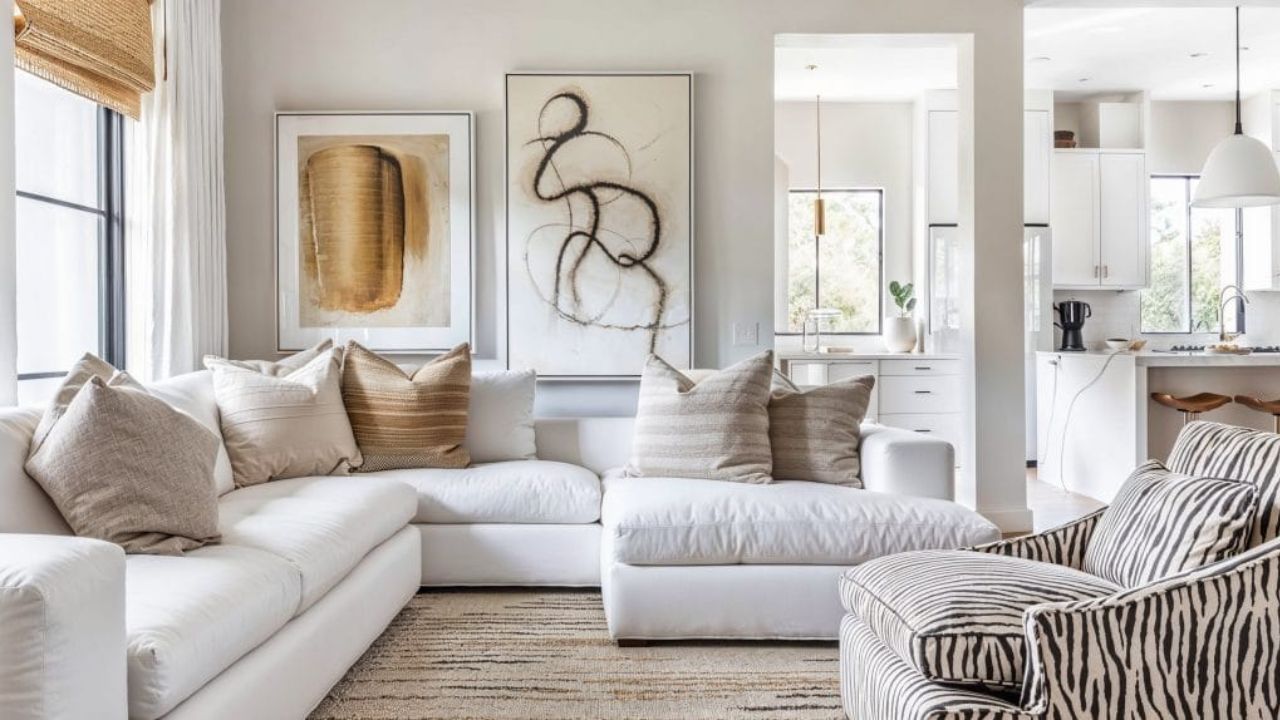 sala de estar com sofá branco e almofadas neutras