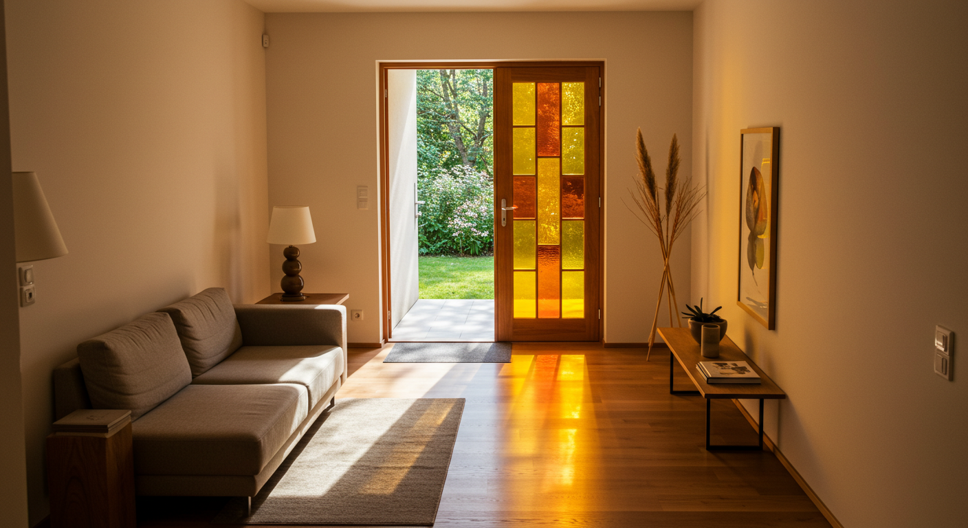 Sala tendência casa de vó com porta de vidro colorido