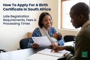 Mulher com bebê discutindo documento com homem