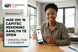 Mulher com app Capitec Bank, cartão e caderno em mesa