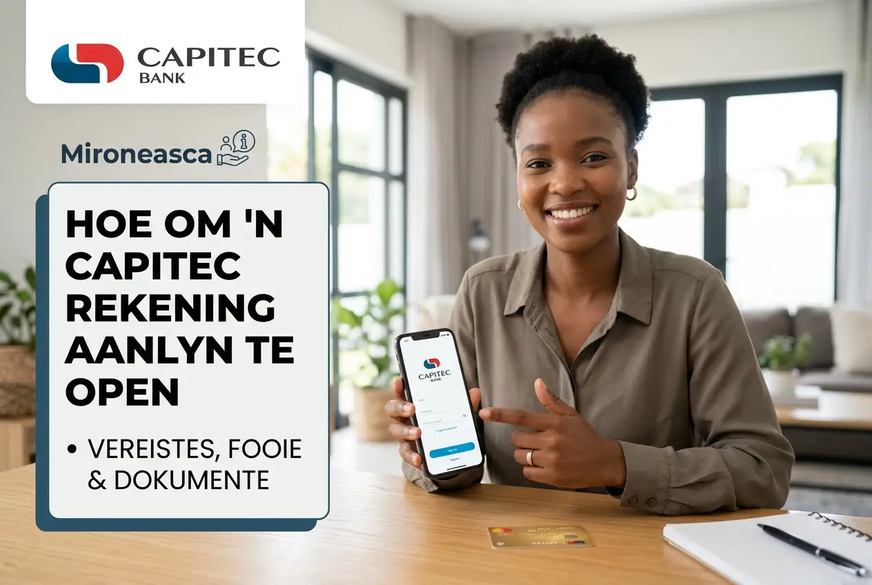 Mulher com app Capitec Bank, cartão e caderno em mesa