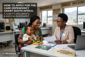 Mãe e filho buscando auxílio financeiro na África do Sul