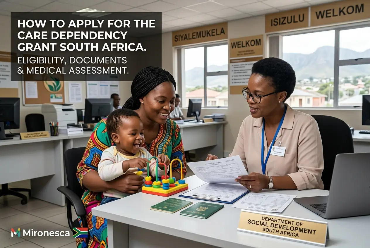 Mãe e filho buscando auxílio financeiro na África do Sul