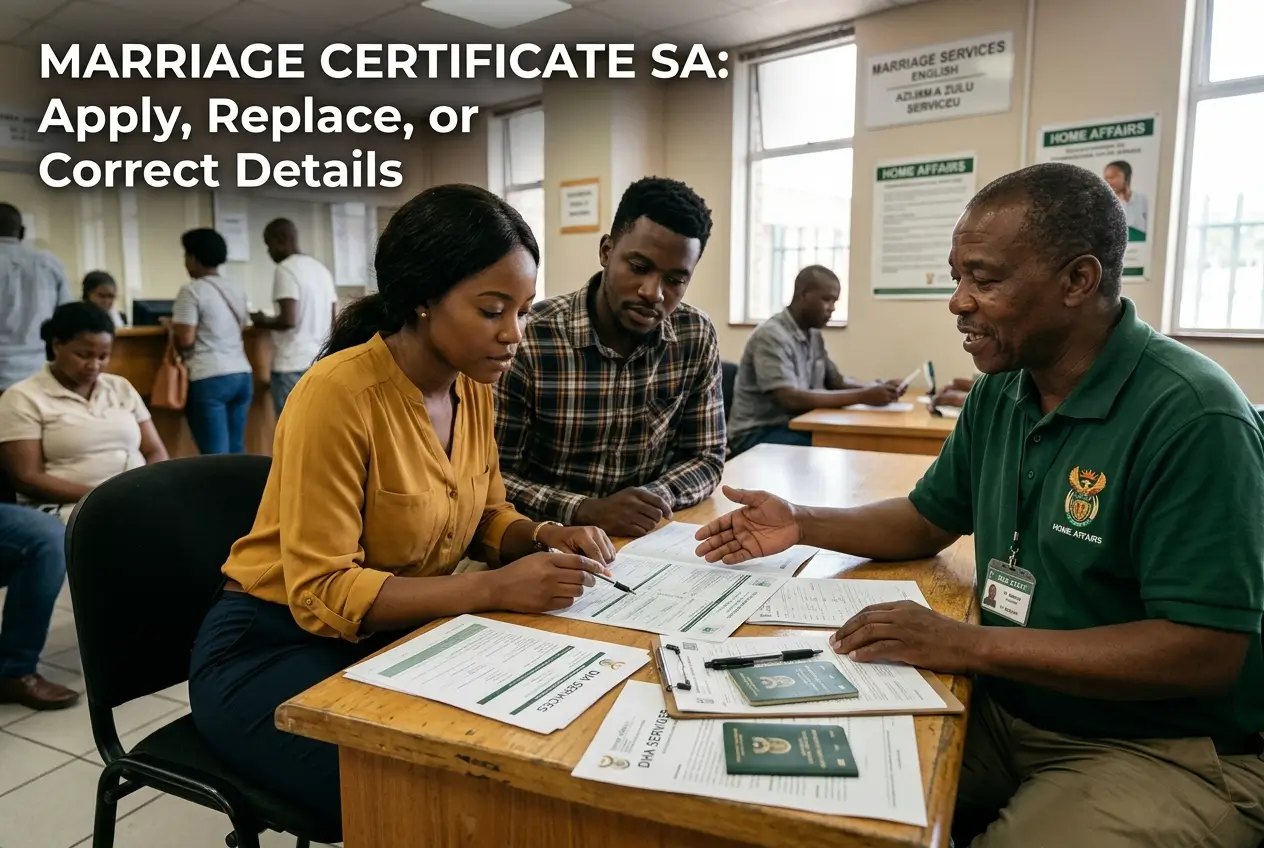 Mulher e homem discutindo certidão de casamento no escritório