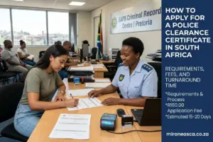 Oficial ajuda mulher com documento na SAPS em Pretória