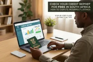 Pessoa usando laptop com relatório de crédito e passaporte