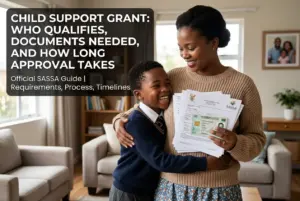 Mãe e filho com documentos explicando o benefício SASSA