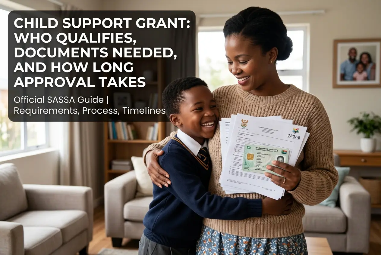 Mãe e filho com documentos explicando o benefício SASSA