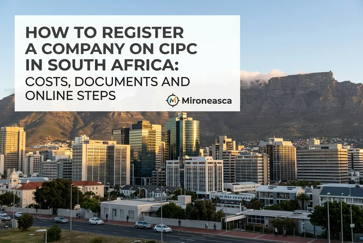 paisagem urbana com Table Mountain e título sobre registro de empresa