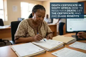 Mulher escrevendo formulários de registro de óbito na África do Sul