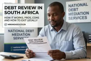 Homem revisando um documento de revisão de dívidas na África do Sul