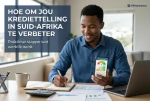 Jovem sorrindo com smartphone sobre pontuação de crédito