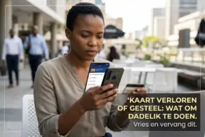 Mulher preocupada em café usando celular e cartão de crédito