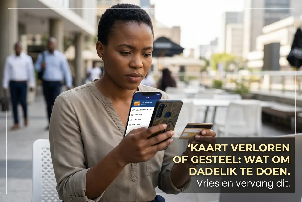 Mulher preocupada em café usando celular e cartão de crédito