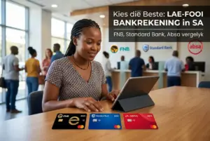 Mulher feliz com tablet e cartões de débito FNB, Standard e Absa