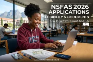 Estudante na biblioteca com laptop e logo NSAFS 2026 ao fundo