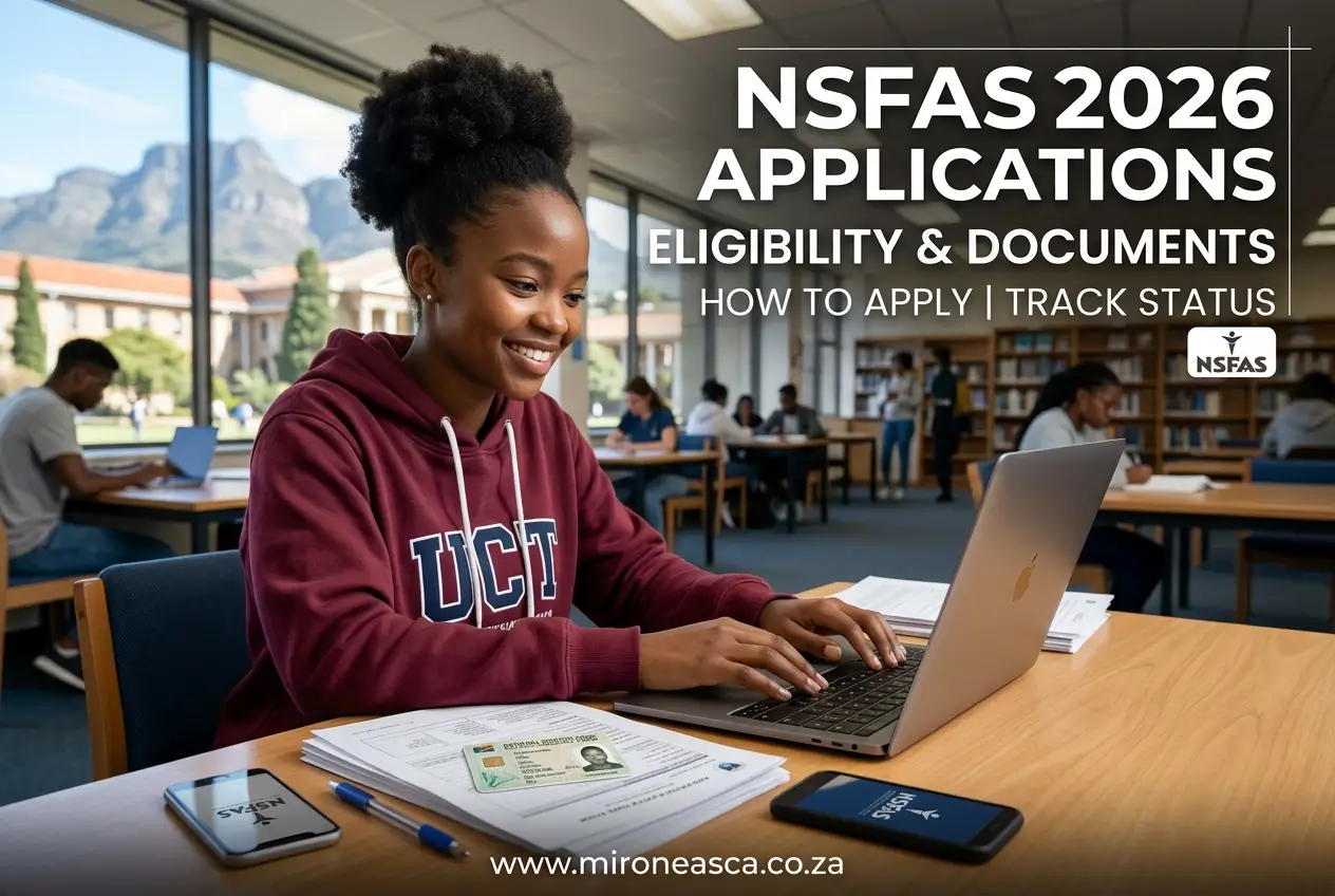 Estudante na biblioteca com laptop e logo NSAFS 2026 ao fundo