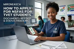 Estudante brasileira usando smartphone para aplicar NSFAS 2026