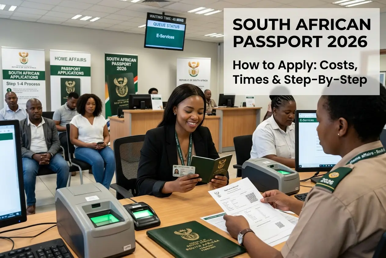 Mulher revisa documentos de passaporte na África do Sul em 2026