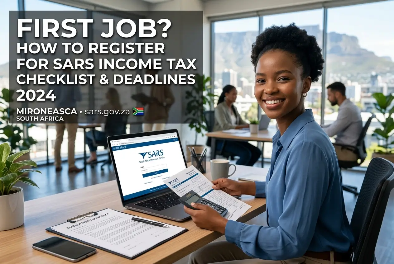 Mulher sorrindo no escritório com site da SARS na tela