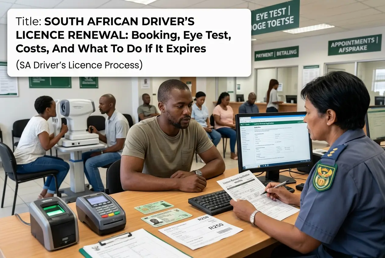 Centro de renovação de habilitação na África do Sul com cliente e policial