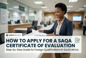 Mulher jovem solicitando Certificado de Avaliação SAQA