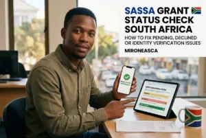 Jovem verifica status do grant no portal SASSA com bandeira SA