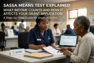 Mulher orientando sobre o teste de meios do SASSA na África do Sul