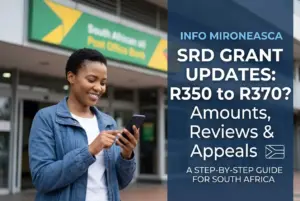 Mulher sorridente com smartphone em frente ao Banco Postal Sul-Africano