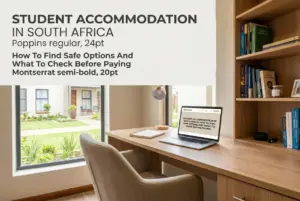 Espaço de trabalho moderno com laptop e guia de acomodações seguras