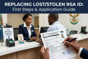 Mulher ajuda homem com formulário de ID RSA em scanner biométrico