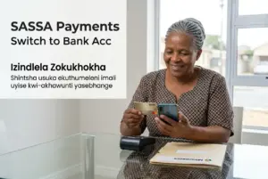 Mulher idosa sorridente com cartão de banco e smartphone