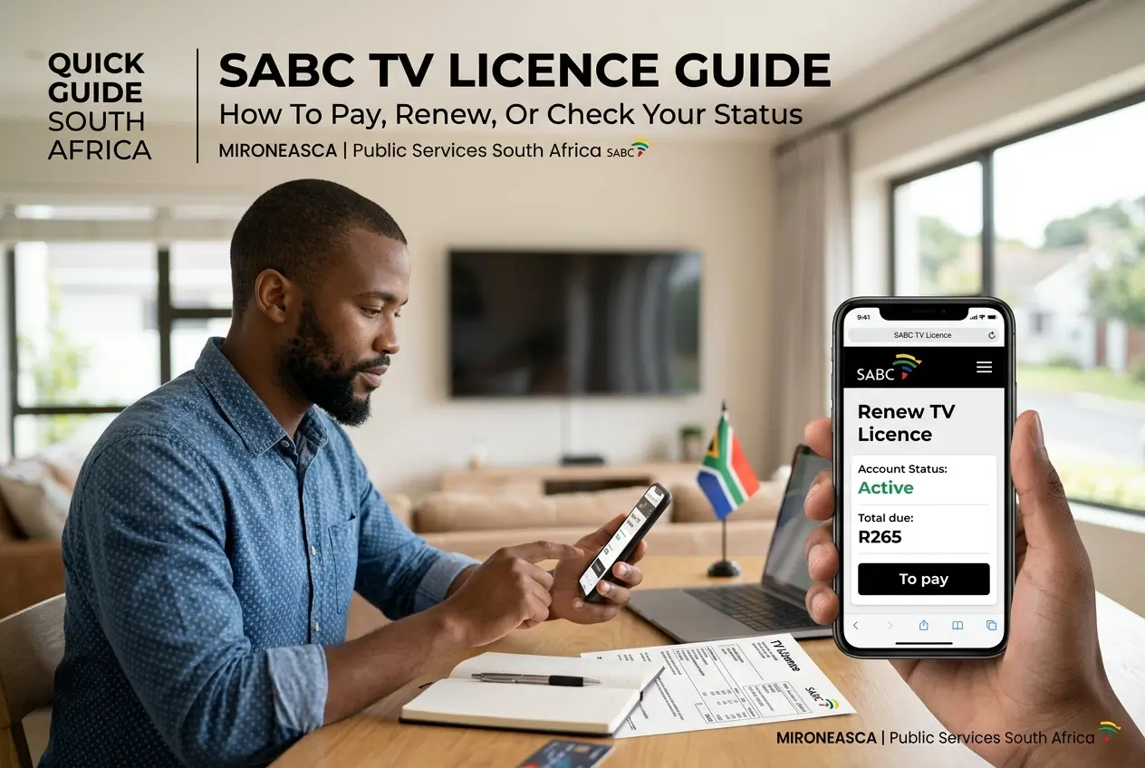 Homem sentado usando smartphone com bandeira da África do Sul na mesa